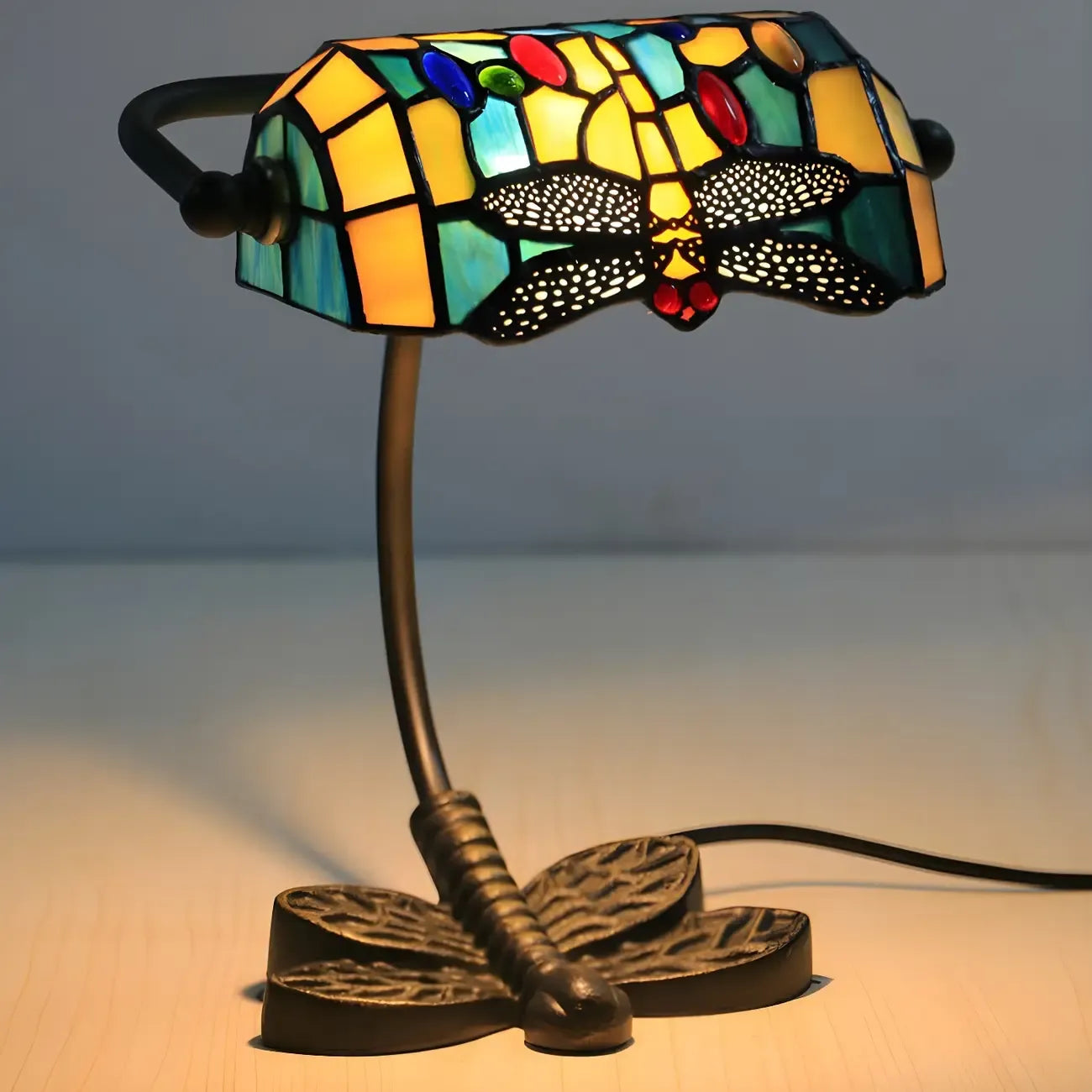 Lampe de table Tiffany Vintage à pied en vitrail libellule