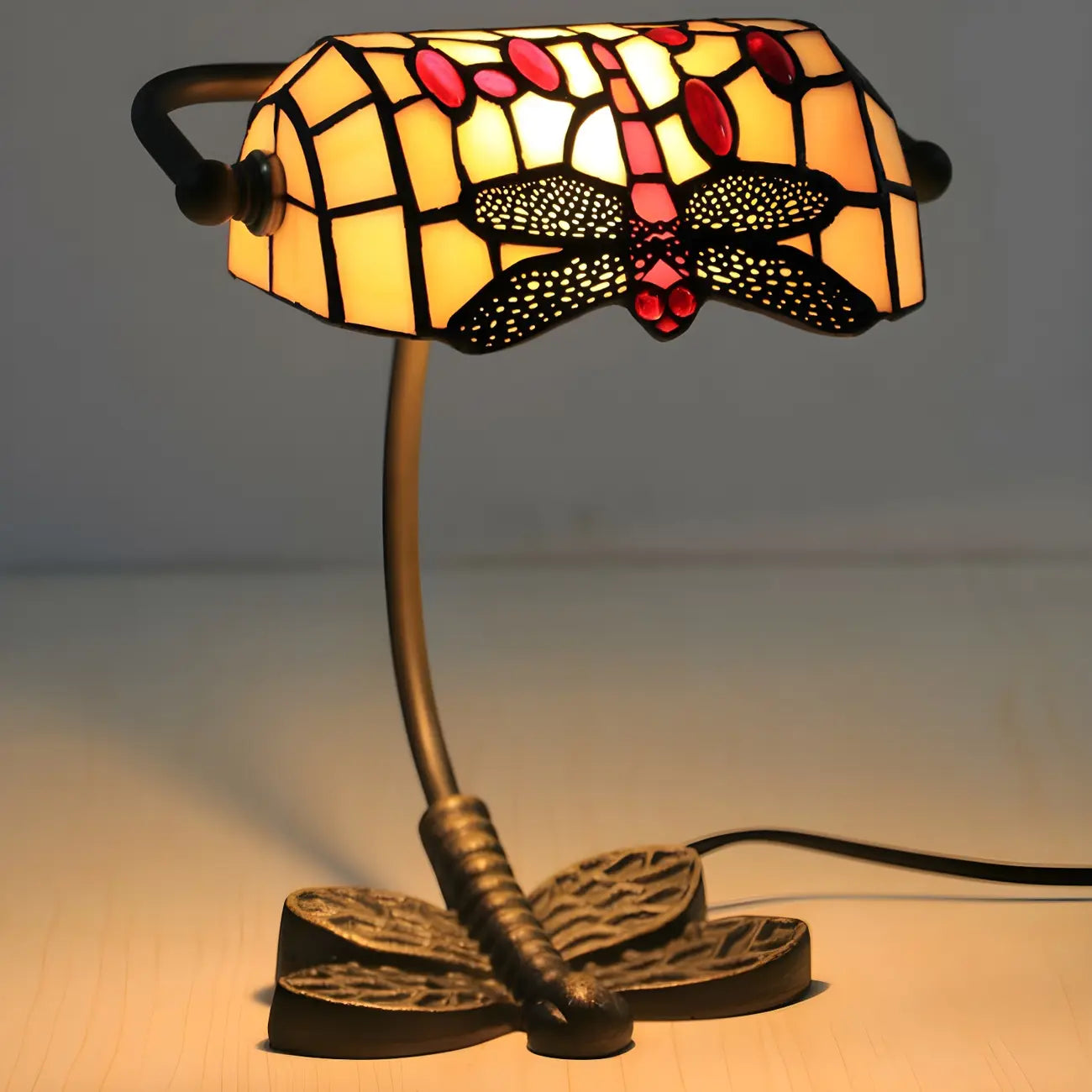 Lampe de table Tiffany Vintage à pied en vitrail libellule