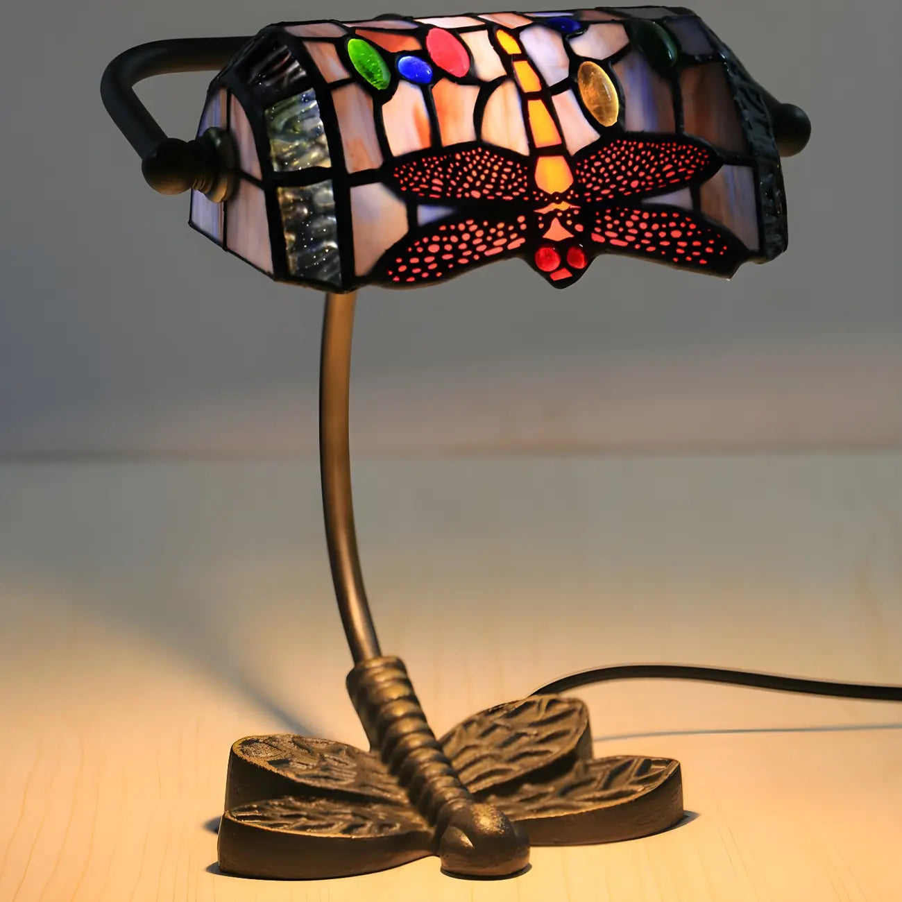 Lampe de table Tiffany Vintage à pied en vitrail libellule