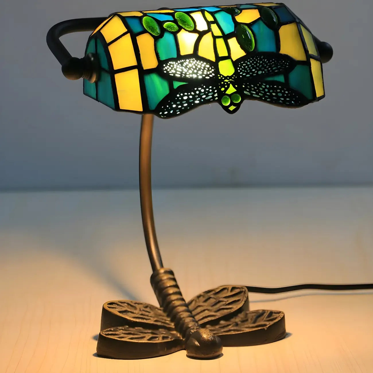 Lampe de table Tiffany Vintage à pied en vitrail libellule