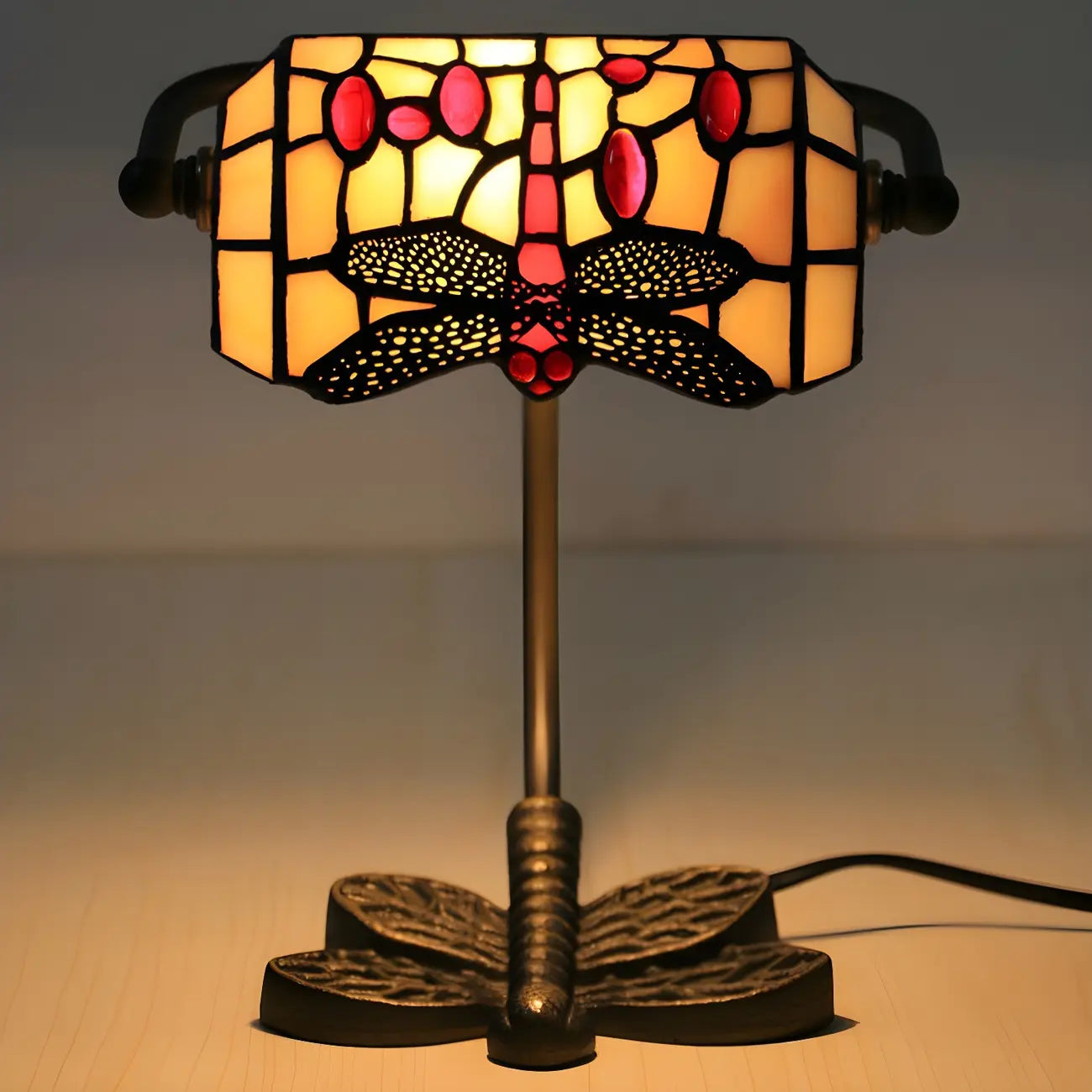 Lampe de table Tiffany Vintage à pied en vitrail libellule