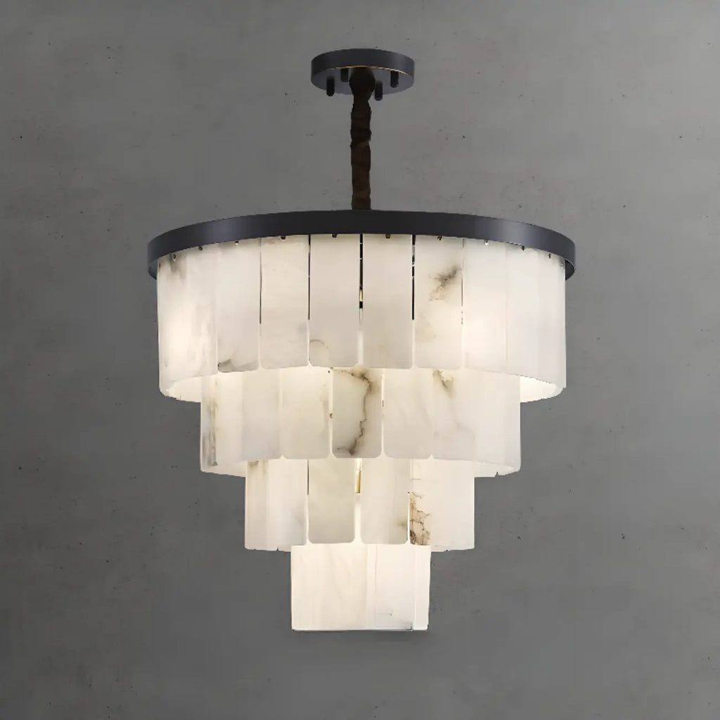 Lustre intemporel à plusieurs niveaux en albâtre noir métallisé circulaire