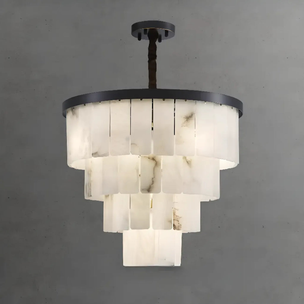 Lustre intemporel à plusieurs niveaux en albâtre noir métallisé circulaire