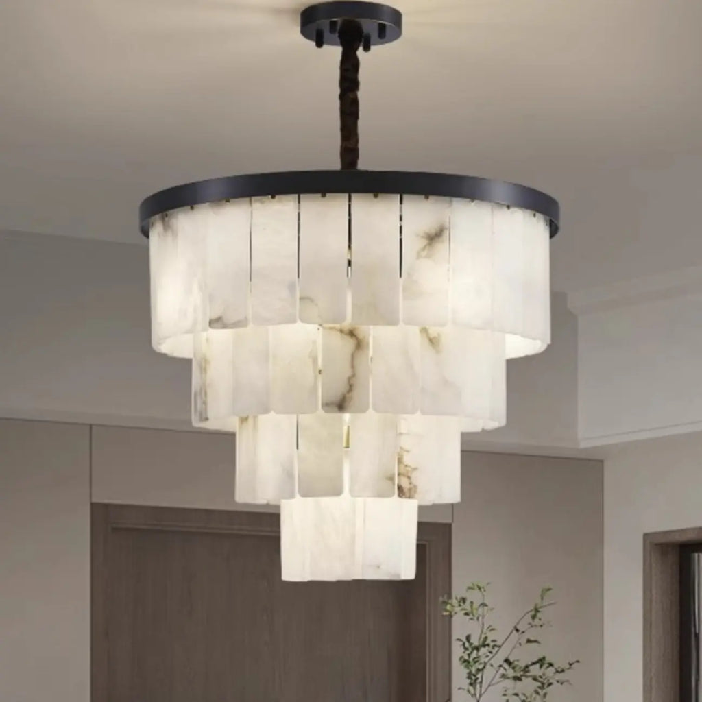 Lustre intemporel à plusieurs niveaux en albâtre noir métallisé circulaire