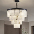 Lustre intemporel à plusieurs niveaux en albâtre noir métallisé circulaire