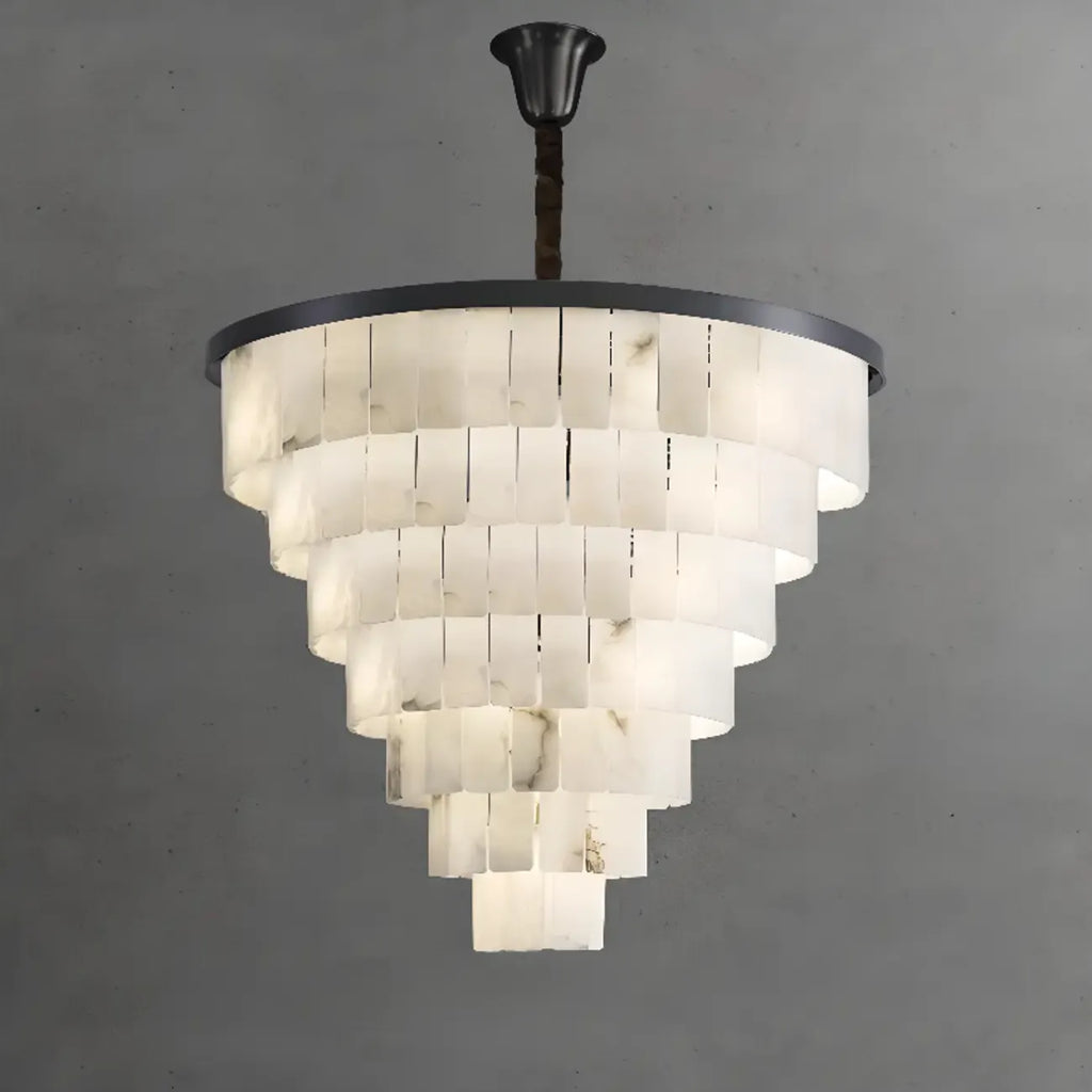 Lustre intemporel à plusieurs niveaux en albâtre noir métallisé circulaire