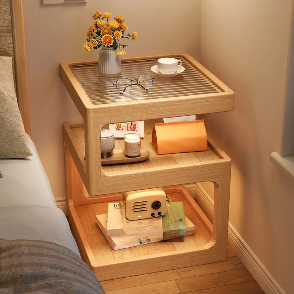 Table de chevet étroite et élégante à 3 niveaux en bois naturel avec plateau en verre