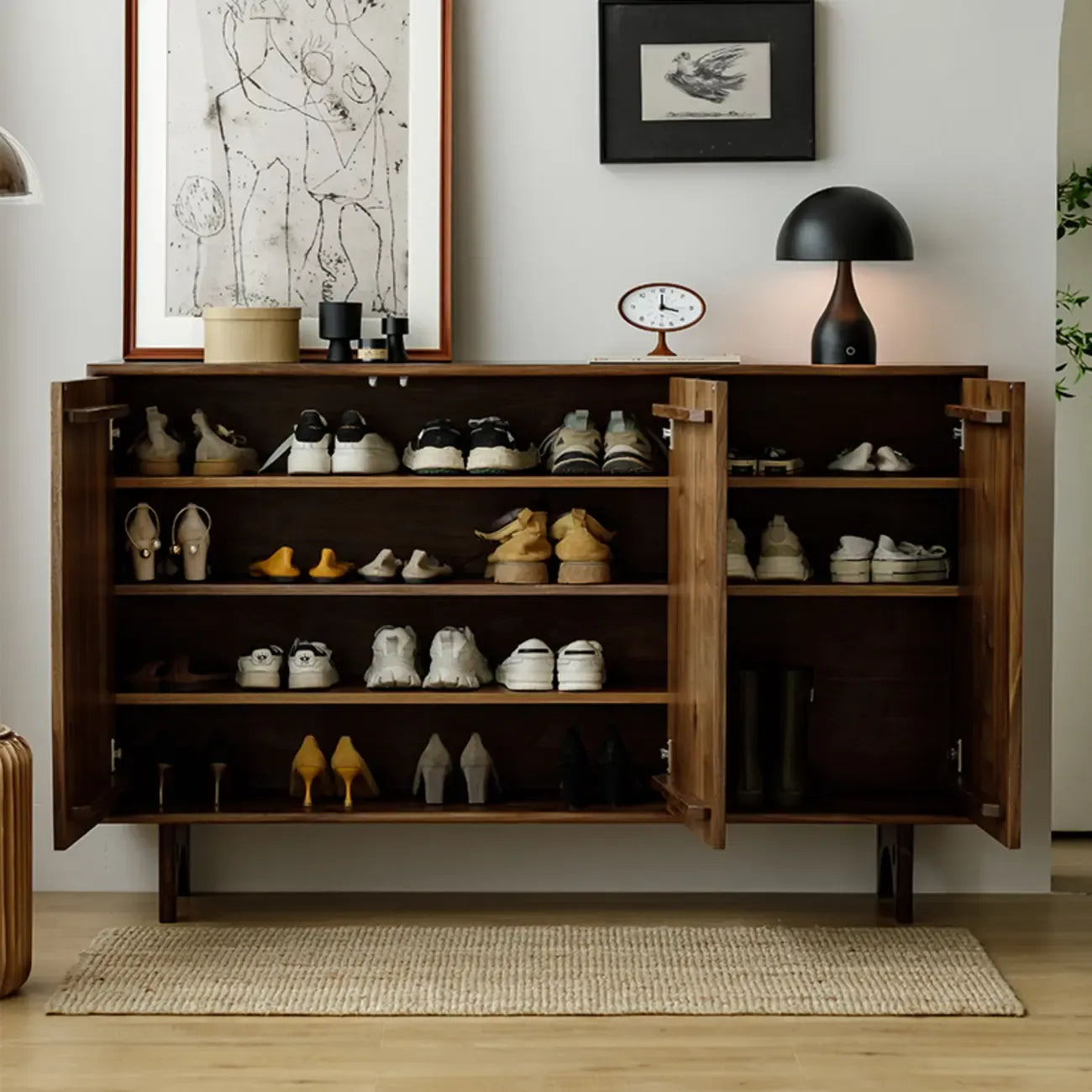 Meuble à chaussures scandinave en noyer foncé massif