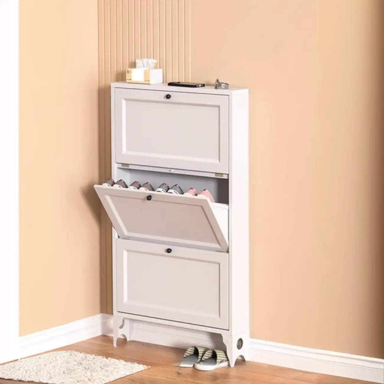 Armoire à chaussures compacte et mince en métal blanc à ouverture frontale