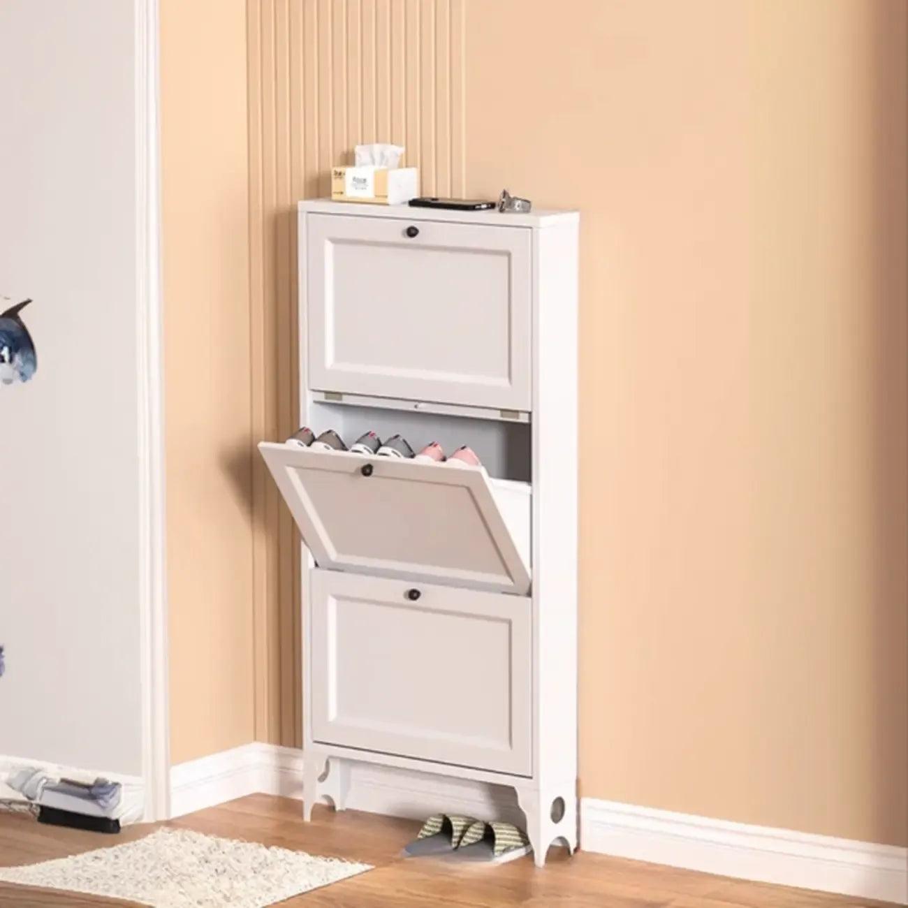 Armoire à chaussures compacte et mince en métal blanc à ouverture frontale