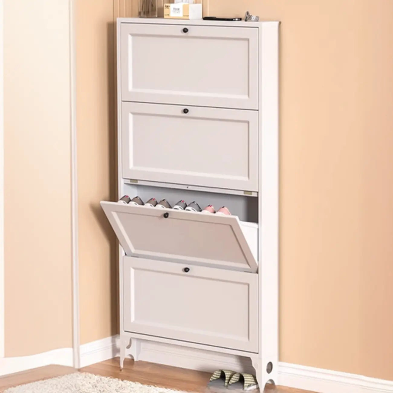 Armoire à chaussures compacte et mince en métal blanc à ouverture frontale