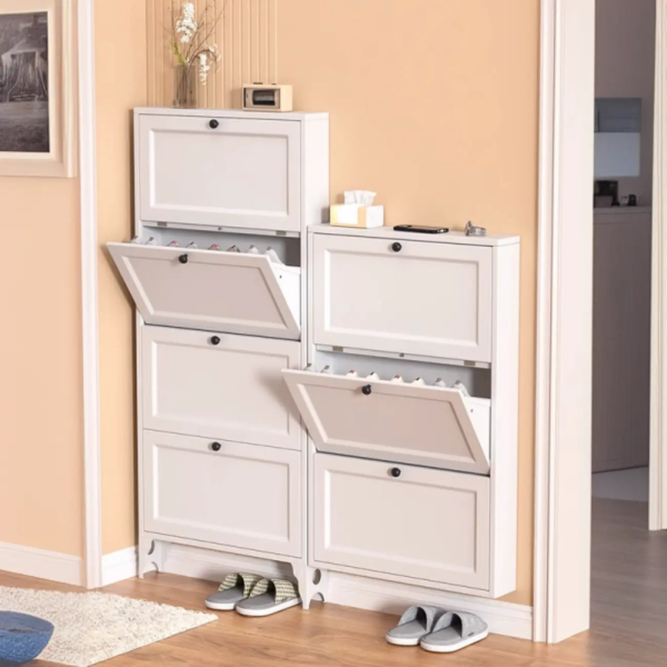Armoire à chaussures compacte et mince en métal blanc à ouverture frontale