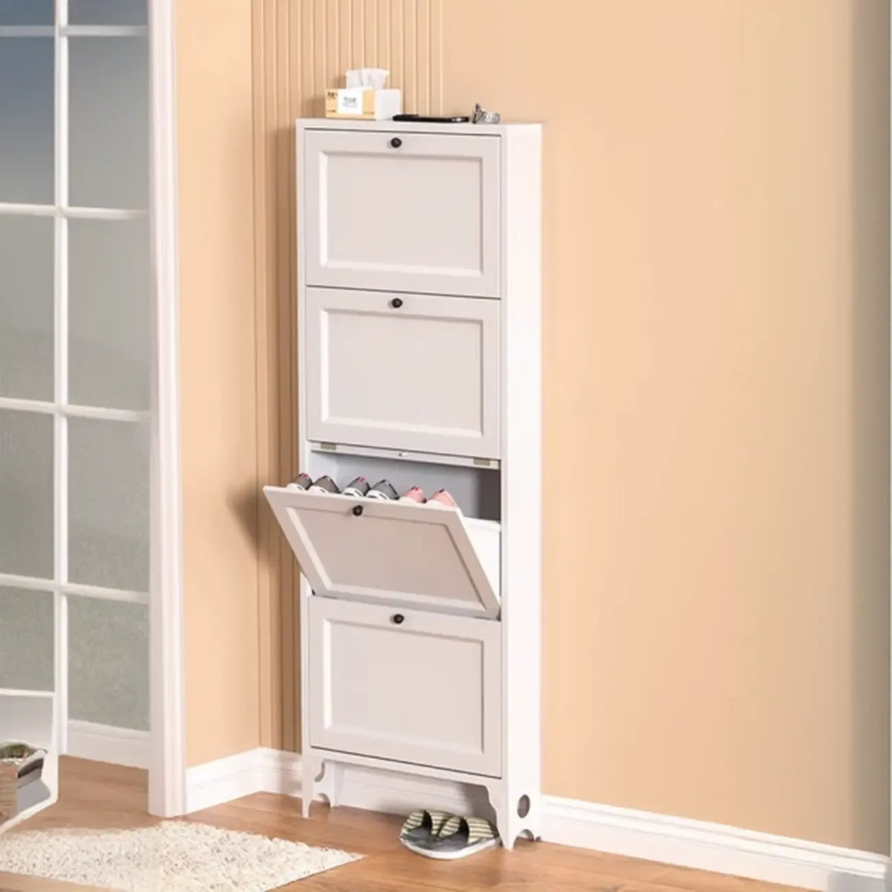 Armoire à chaussures compacte et mince en métal blanc à ouverture frontale