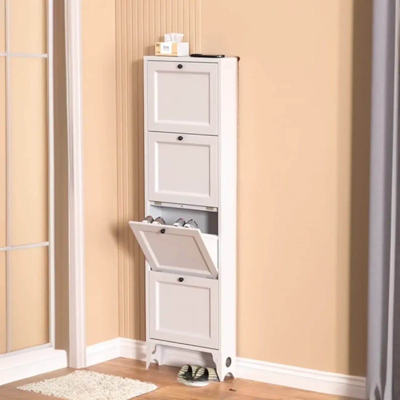 Armoire à chaussures compacte et mince en métal blanc à ouverture frontale