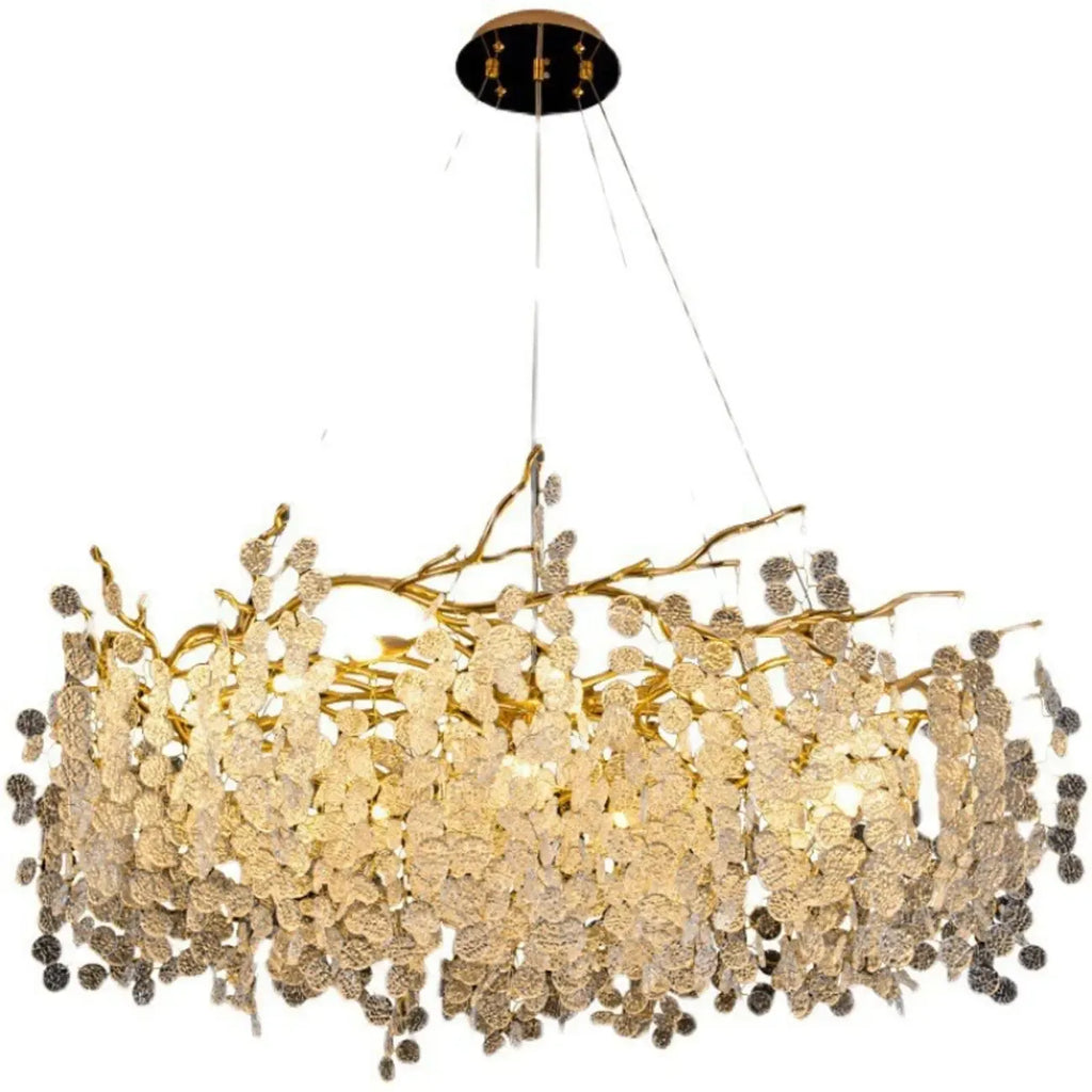Lustre élégant suspendu en verre à branches dorées