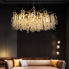 Lustre élégant suspendu en verre à branches dorées