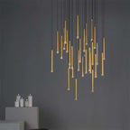 Suspension LED cylindrique dorée moderne et fine pour salle à manger