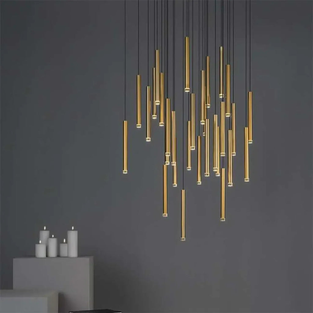 Suspension LED cylindrique dorée moderne et fine pour salle à manger