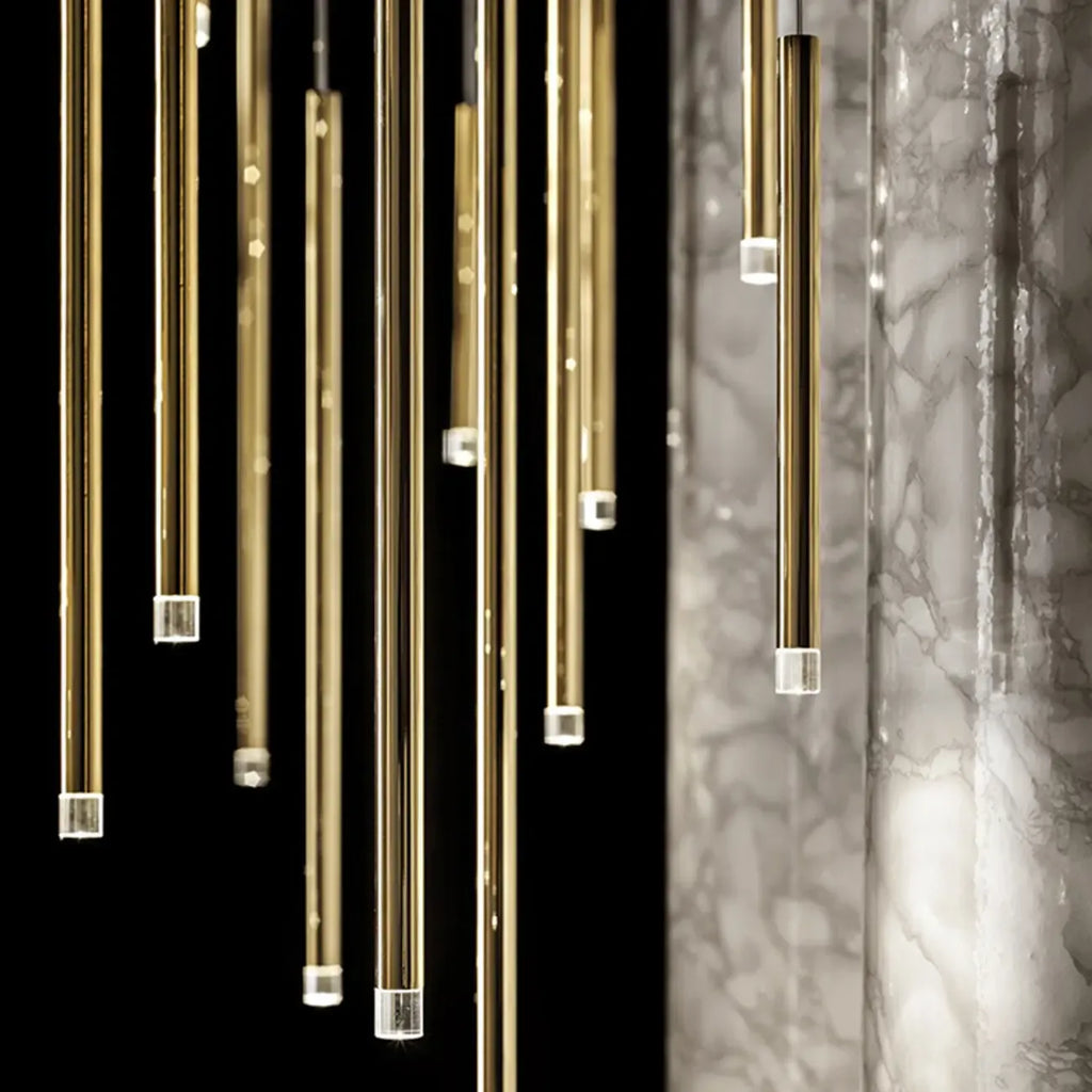 Suspension LED cylindrique dorée moderne et fine pour salle à manger