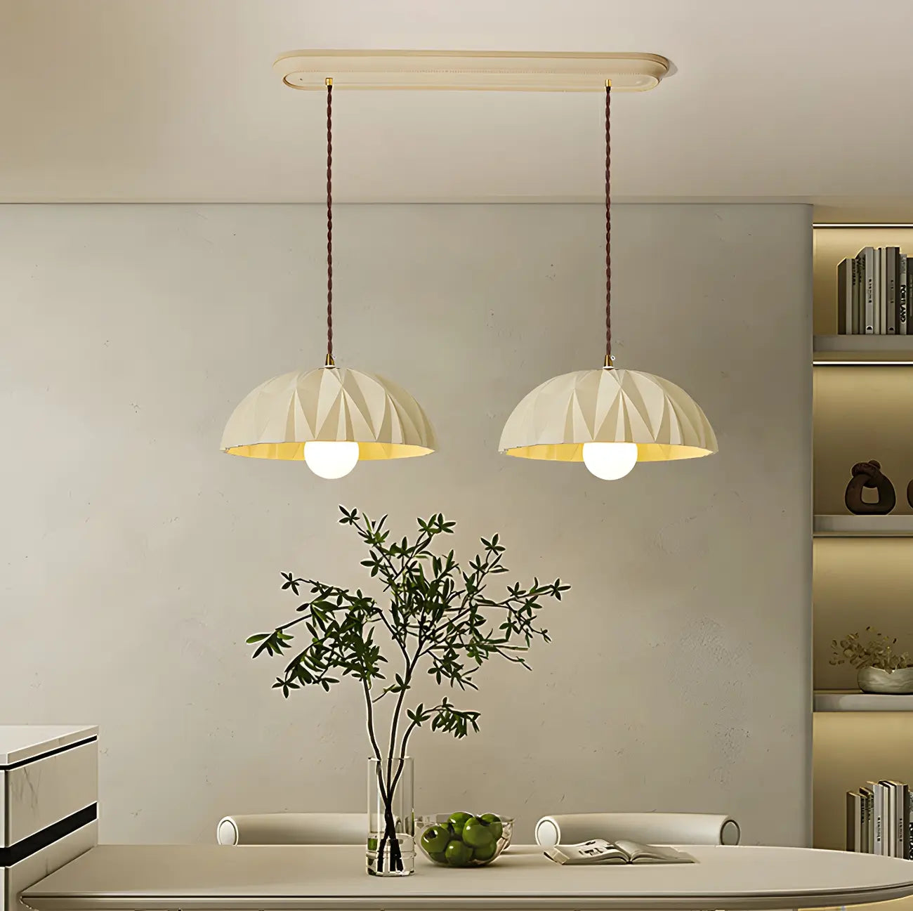 Suspension moderne à deux lumières en résine crème avec bol pour îlot de cuisine