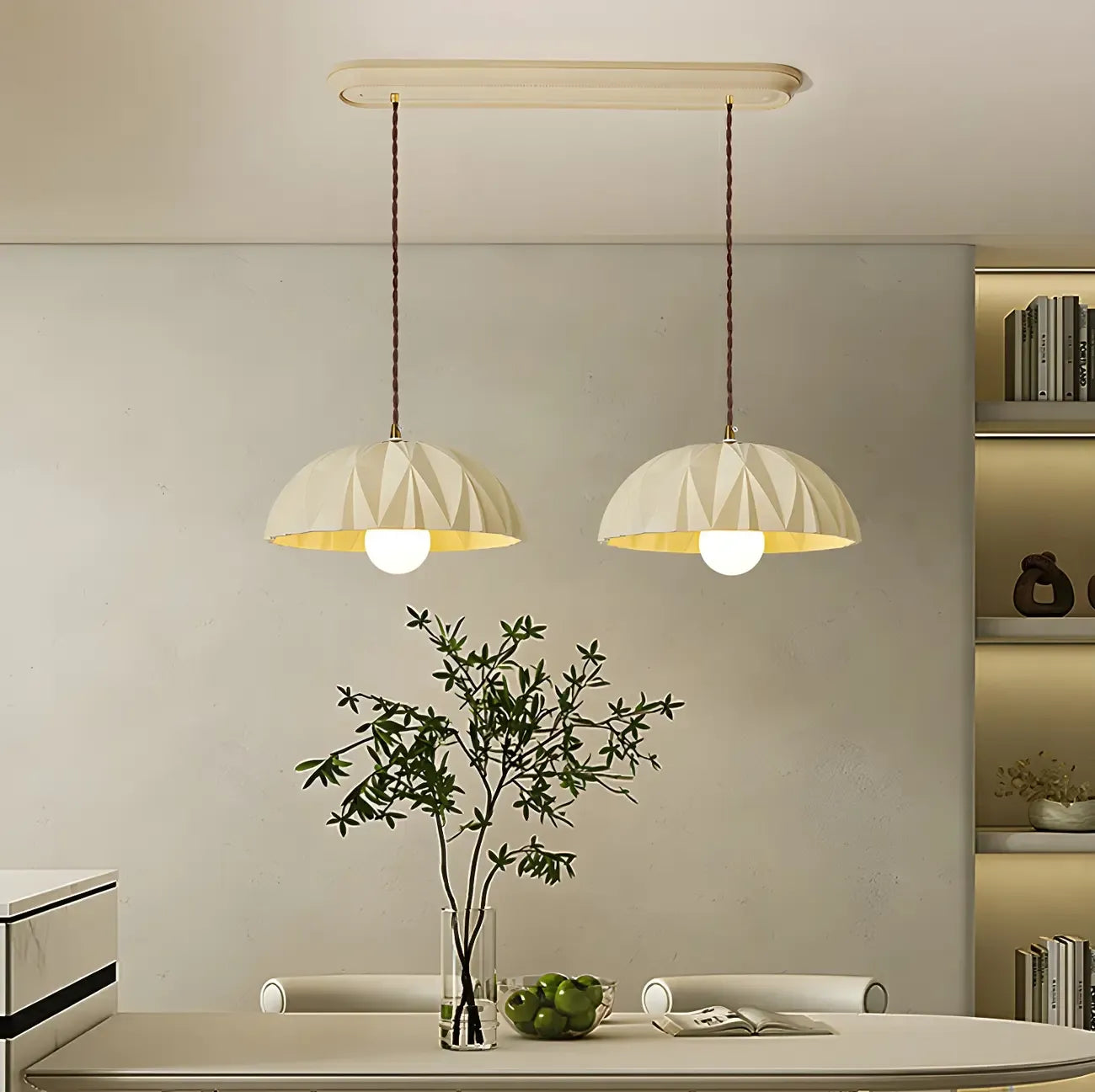 Suspension moderne à deux lumières en résine crème avec bol pour îlot de cuisine