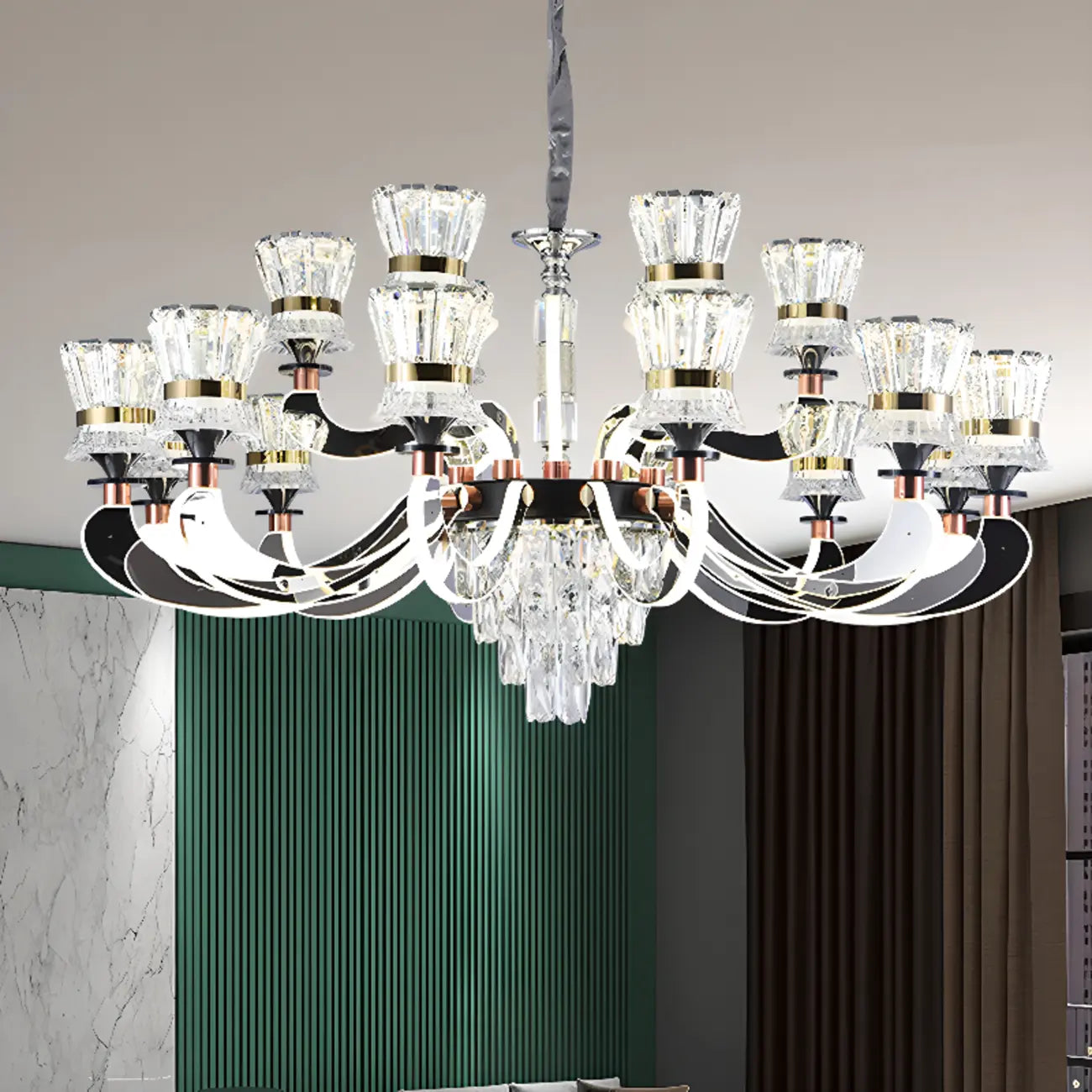 Lustre luxueux chromé à plusieurs niveaux en cristal, éclairage LED moderne à intensité variable