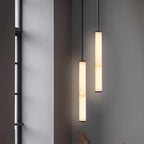 Suspension LED cylindrique moderne en métal noir et albâtre