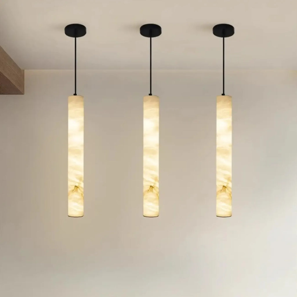 Suspension LED cylindrique moderne en métal noir et albâtre