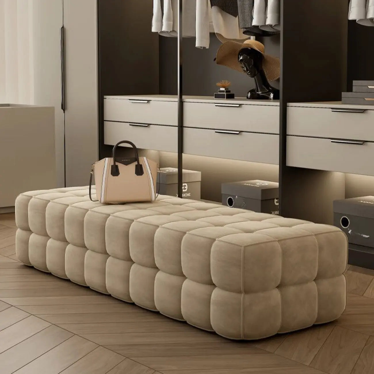 Banc de rangement moderne en velours gris pour chambre à coucher