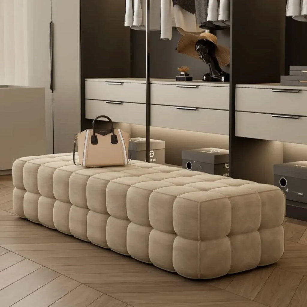 Banc de rangement moderne en velours gris pour chambre à coucher