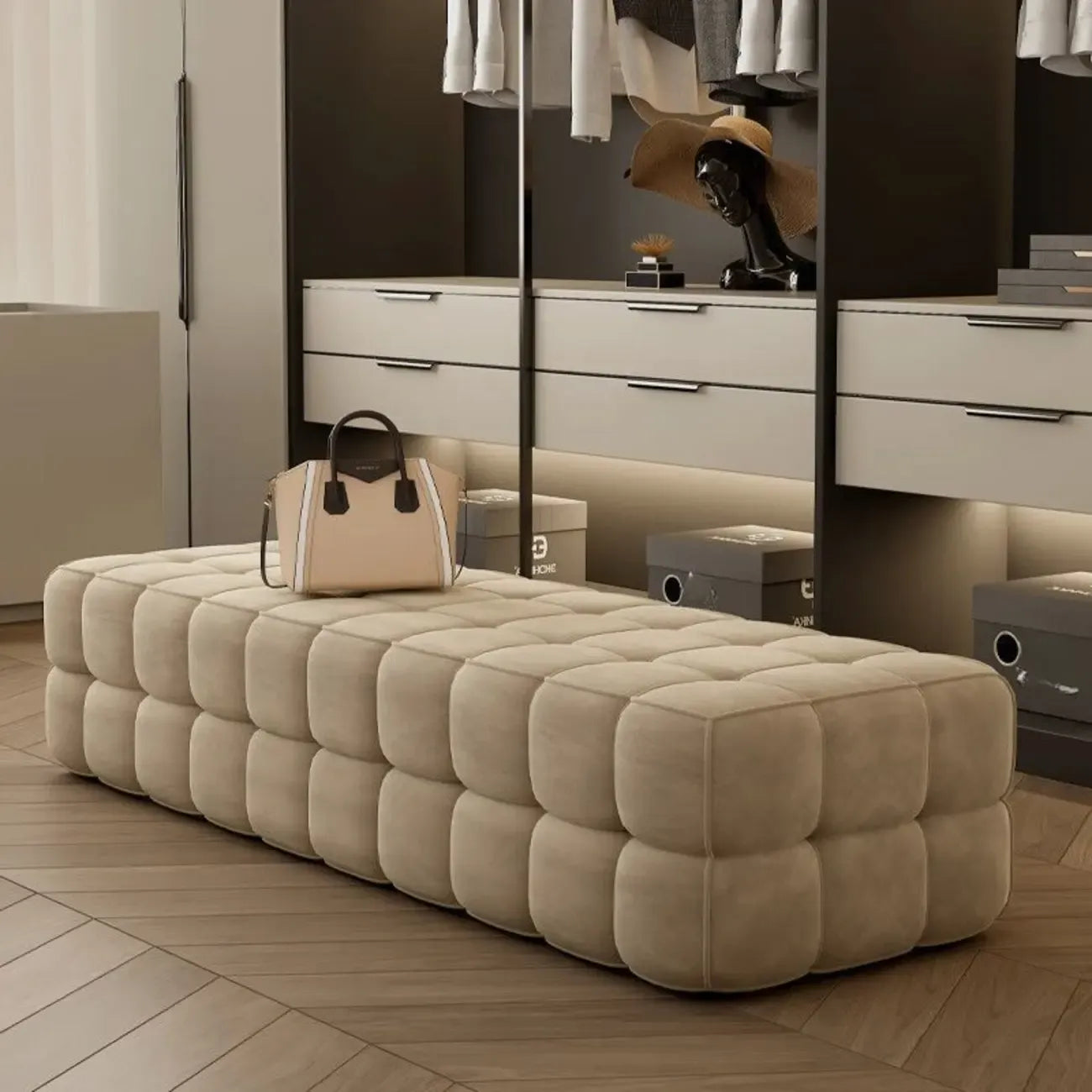 Banc de rangement moderne en velours gris pour chambre à coucher