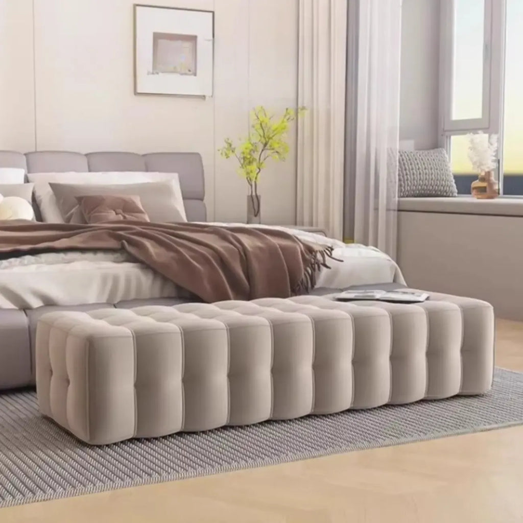 Banc de rangement moderne en velours gris pour chambre à coucher