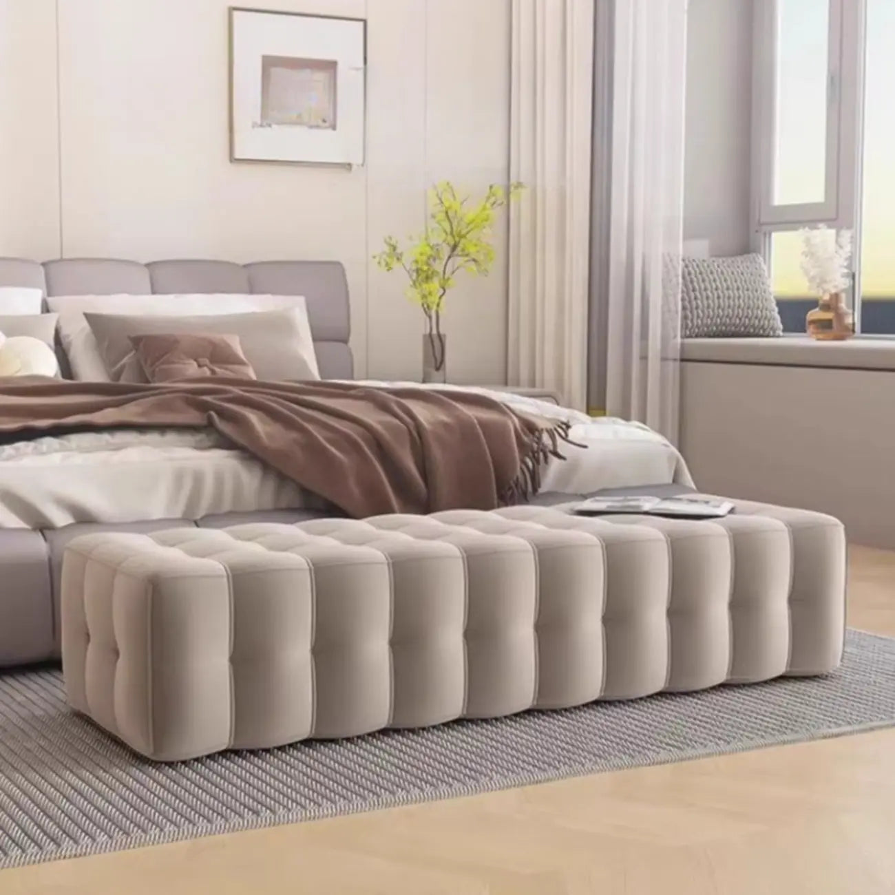 Banc de rangement moderne en velours gris pour chambre à coucher