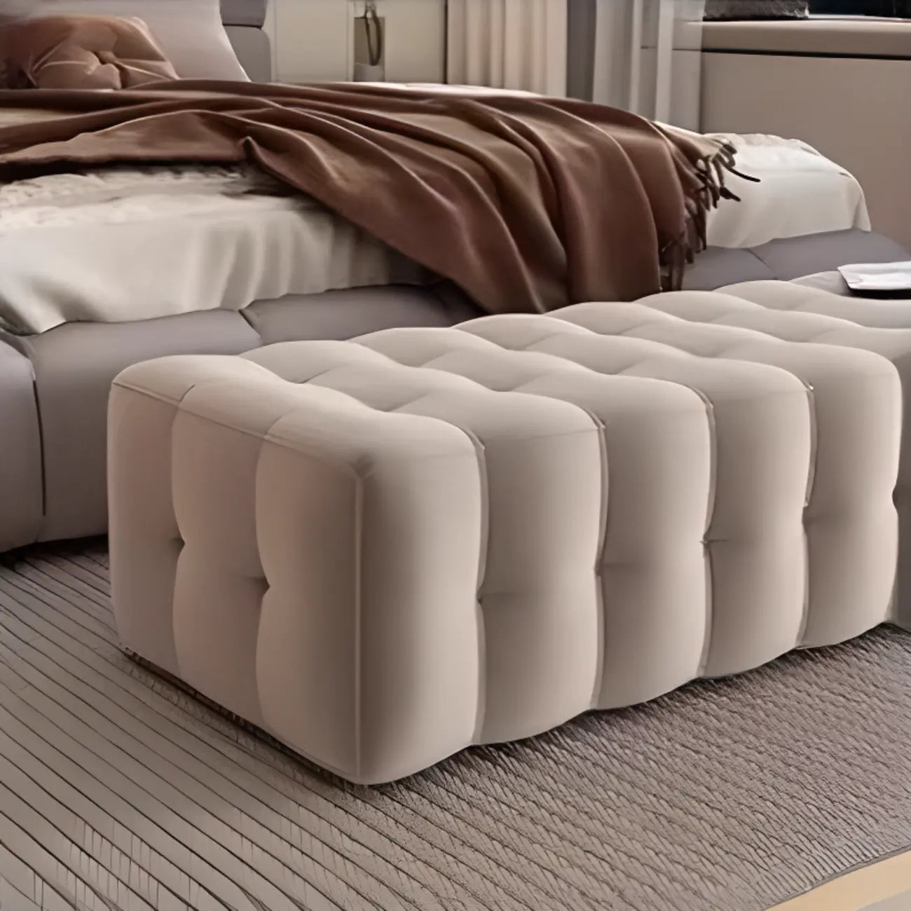 Banc de rangement moderne en velours gris pour chambre à coucher