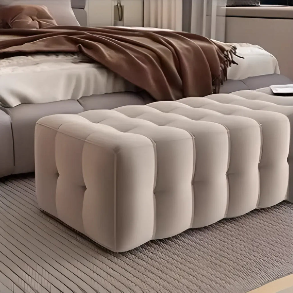 Banc de rangement moderne en velours gris pour chambre à coucher