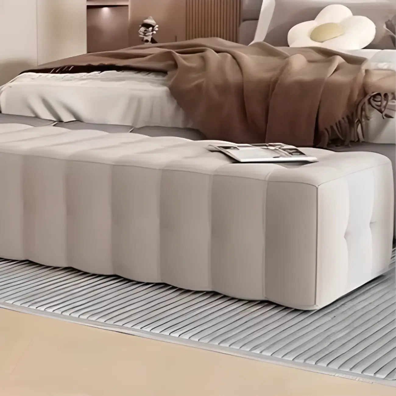 Banc de rangement moderne en velours gris pour chambre à coucher