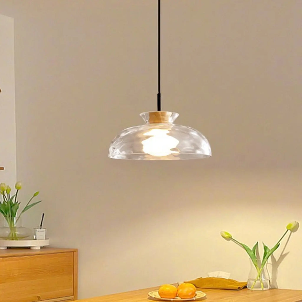 Suspension moderne en verre texturé transparent et bois