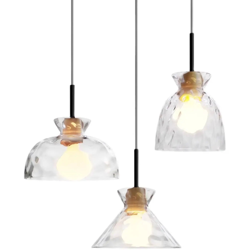 Suspension moderne en verre texturé transparent et bois