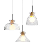 Suspension moderne en verre texturé transparent et bois