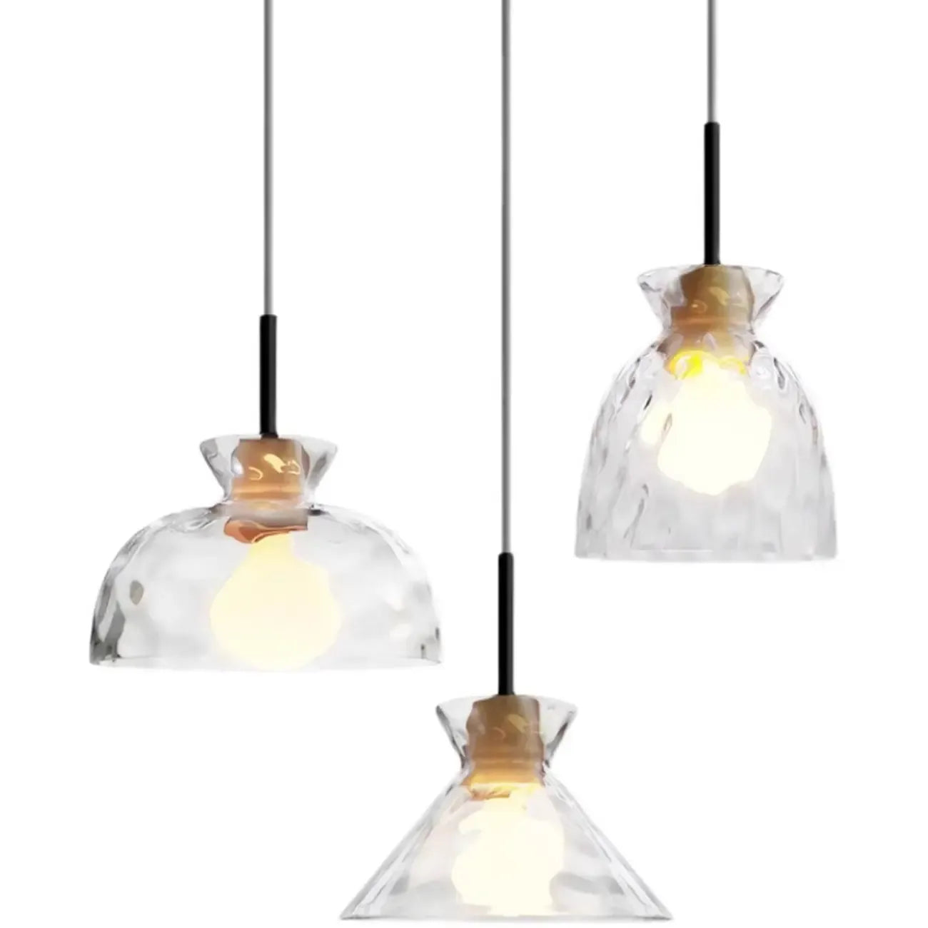 Suspension moderne en verre texturé transparent et bois