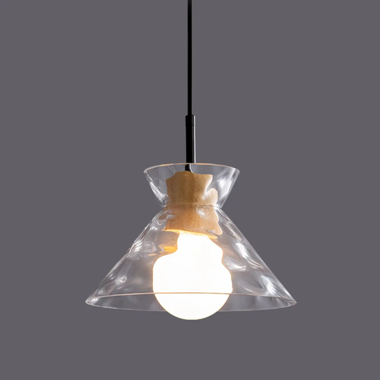 Suspension moderne en verre texturé transparent et bois