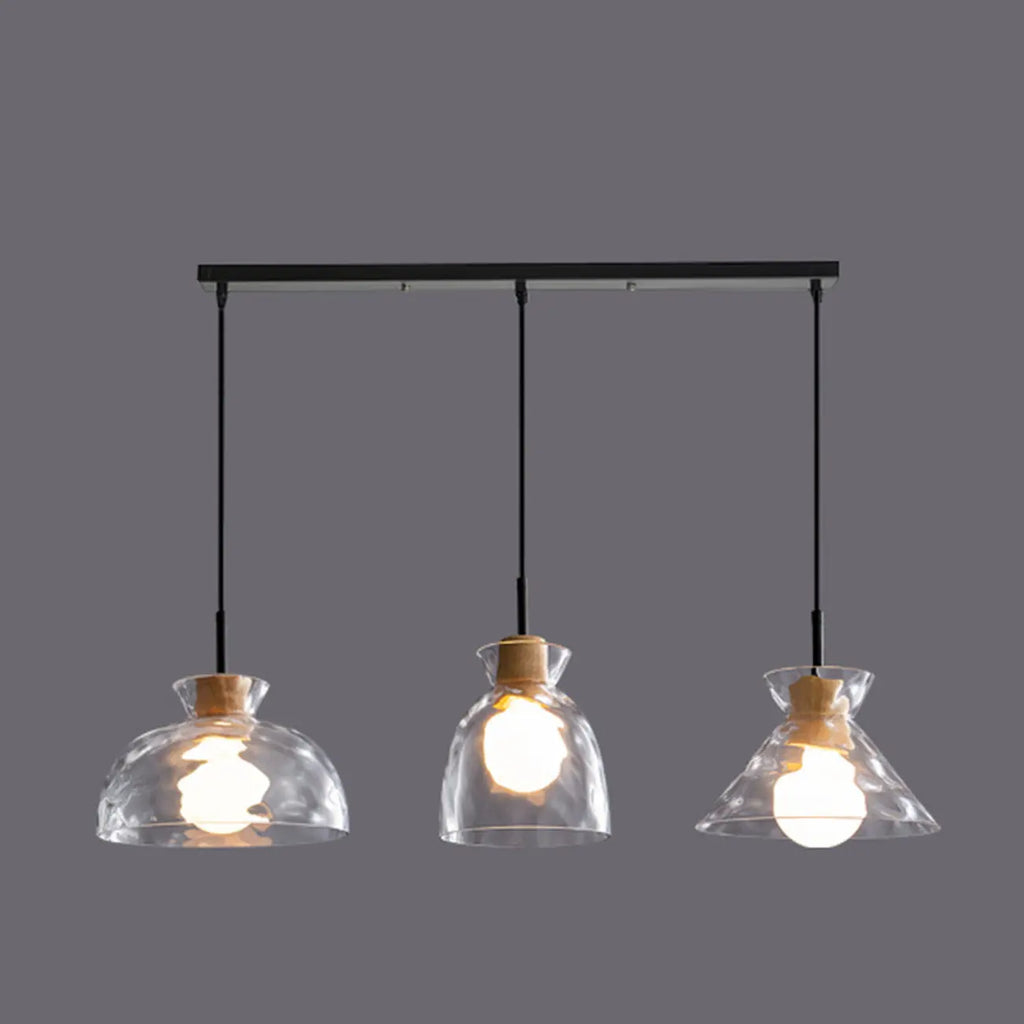 Suspension moderne en verre texturé transparent et bois
