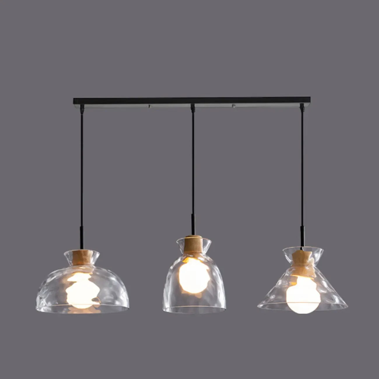 Suspension moderne en verre texturé transparent et bois