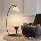 Lampadaire minimaliste en noyer avec table et abat-jour en tissu