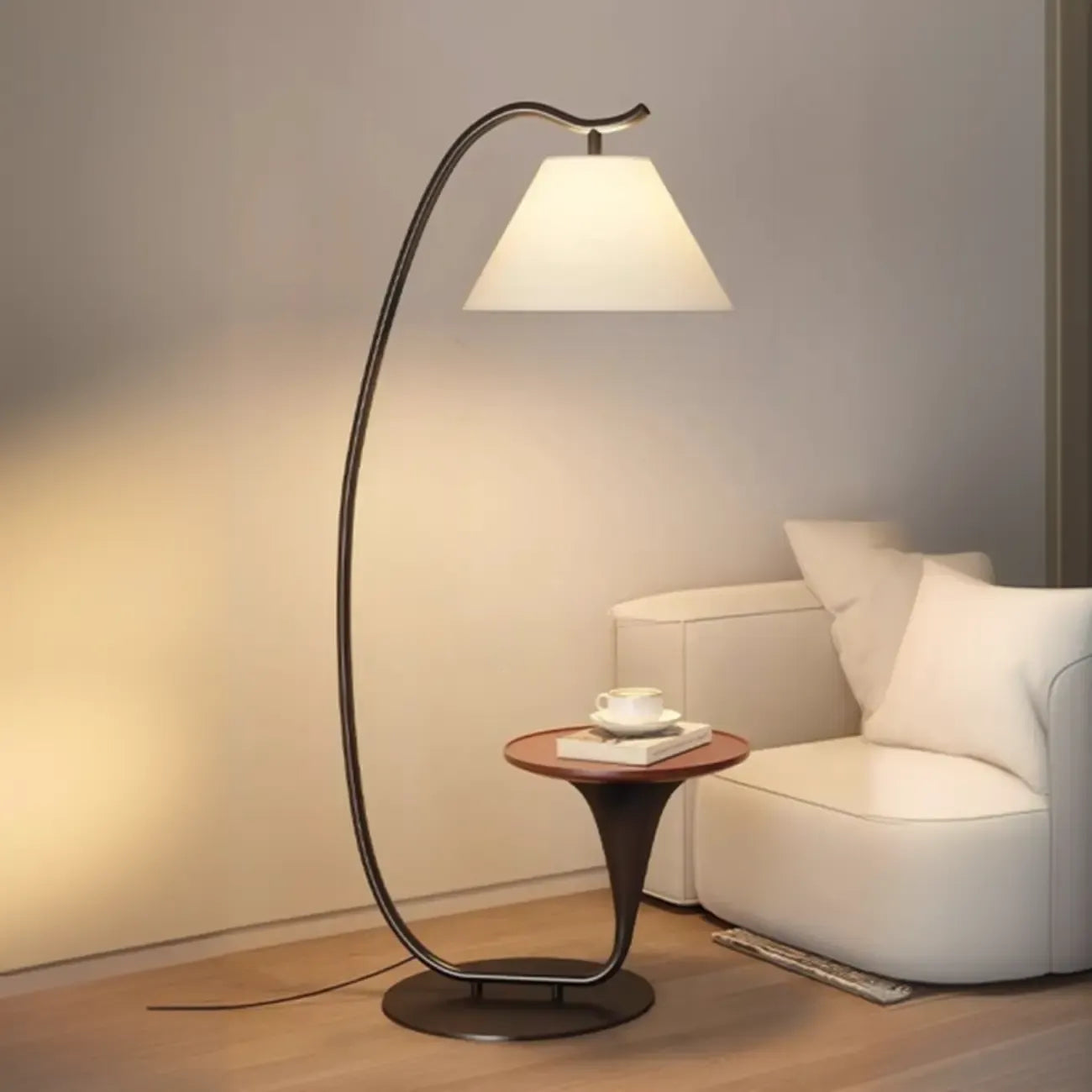 Lampadaire minimaliste en noyer avec table et abat-jour en tissu