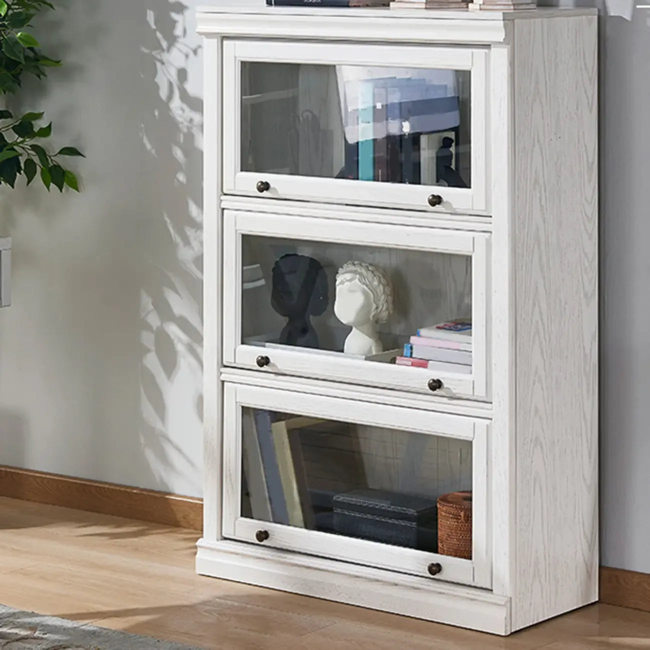 Coffre de rangement moderne en bois de peuplier blanc avec porte vitrée rabattable
