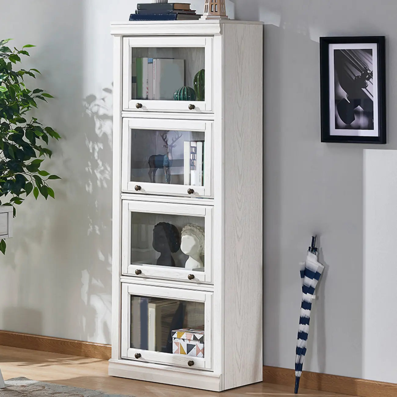 Coffre de rangement moderne en bois de peuplier blanc avec porte vitrée rabattable