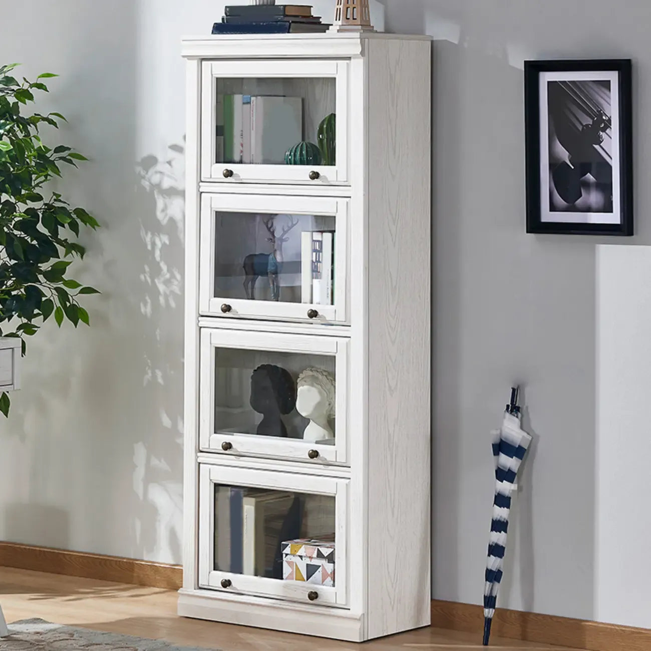Coffre de rangement moderne en bois de peuplier blanc avec porte vitrée rabattable