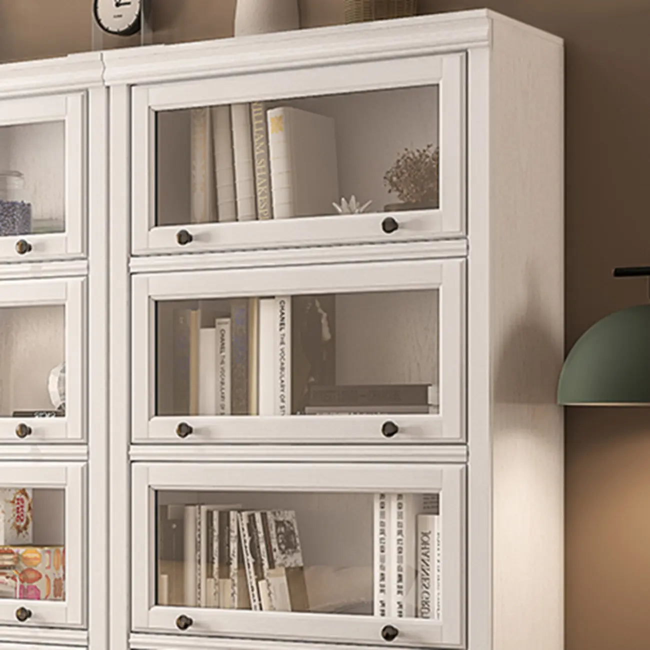 Coffre de rangement moderne en bois de peuplier blanc avec porte vitrée rabattable