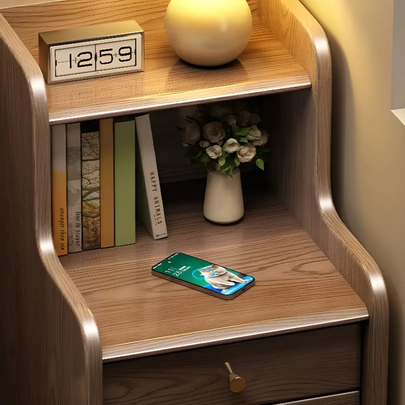Table de chevet haute en bois brun noyer avec tiroirs